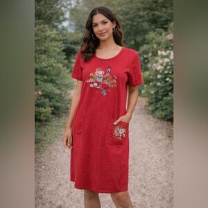 Blair Red Floral Short Sleeve Dress Size Large Pullover Embroidered Pockets